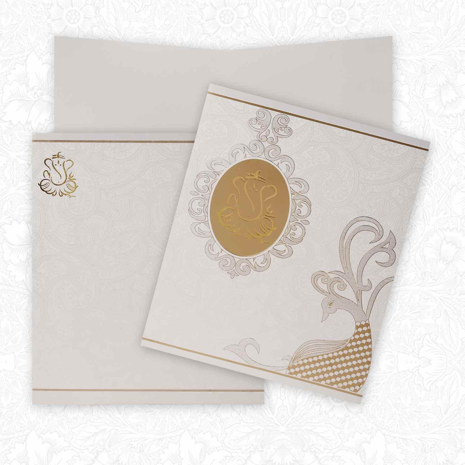 Beautiful Gold Shading Ganesha With Floral Design Wedding Card - KNK3091-4